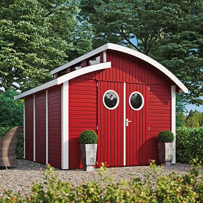 Gerätehaus Nautic 30/30 Elementbauweise Fichte - Farbe Rot/Weiß 300 x 304 cm | Rot/Weiß