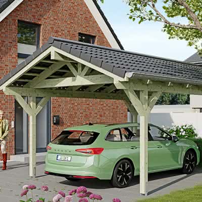 Westerland Einzelcarport 420 x 600 cm Fichte Leimholz NSI weiß grundiert Einzelcarport 420 x 600 cm | Fichte Leimholz weiß
