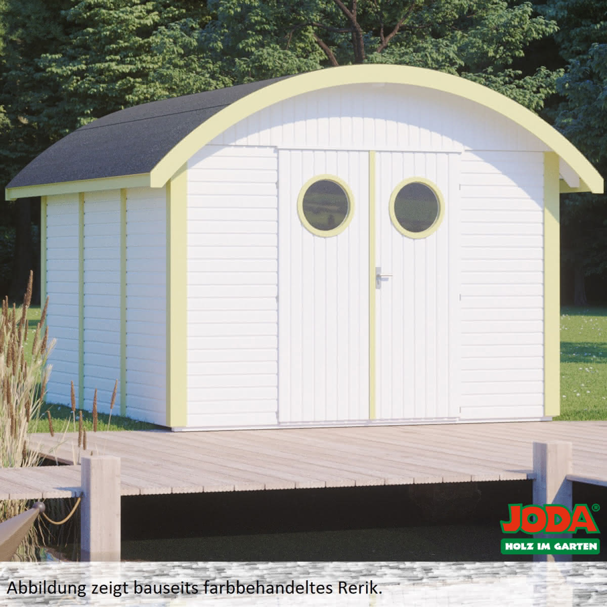 Gerätehaus mit Tonnendach, satte Farben und Bullaugen