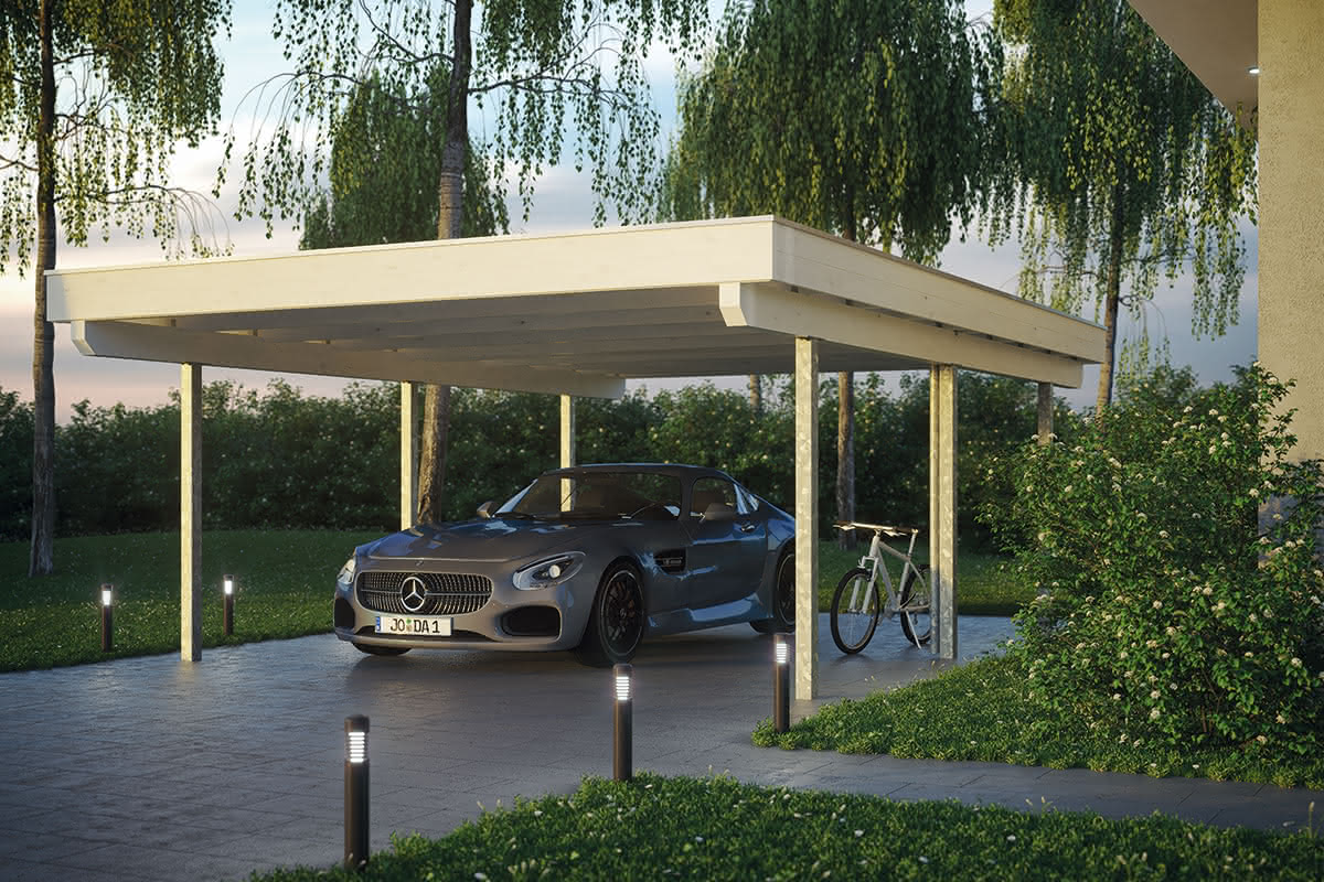 Flachdachcarport Mit Holzblende Auf Stahlstützen