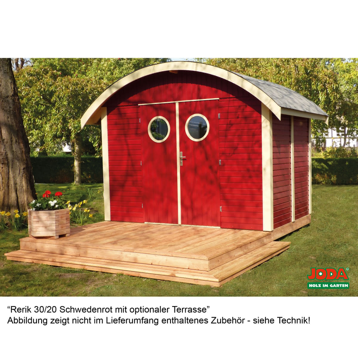 Gerätehaus mit Tonnendach, satte Farben und Bullaugen