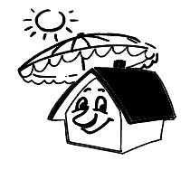 Skizze eines Hauses mit lächelndem Gesicht, mit Sonnenschirm und Sonne