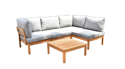 Gartenlounge Sitzecke aus Eukalyptus mit grauen Kissen.
