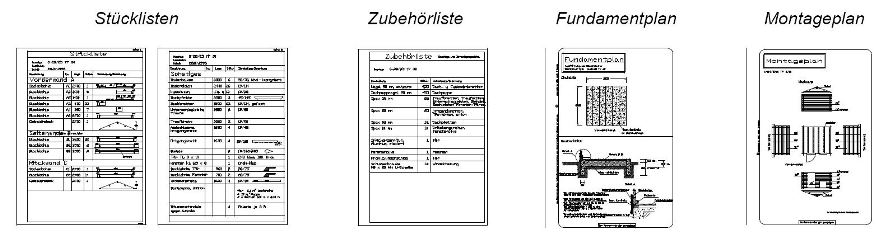 Stückliste, Zubehörliste, Fundamentplan und Montageplan für Blockbohlenhäuser