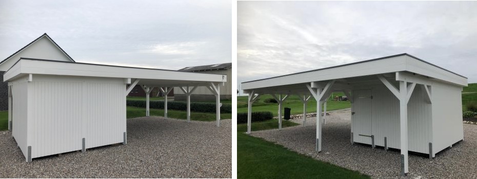 Carport in weiß mit Geräteraum für zwei Autos Carport in weiß mit Geräteraum für zwei Autos