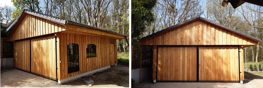 Doppelcarport aus Lärche mit Pott- und Deckelschalung mit Schiebetor Doppelcarport aus Lärche mit Pott- und Deckelschalung mit Schiebetor